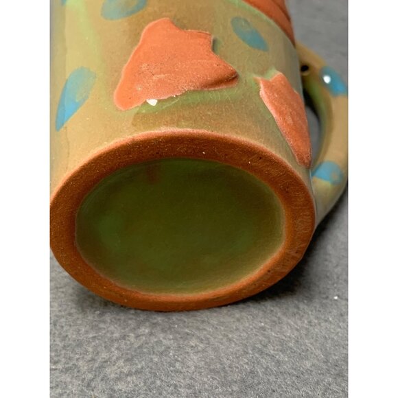 Handmade 1980s Frog Face Ceramic Mug with Blue Polka Dots & Green/Orange Glaze - Picture 5 of 9
